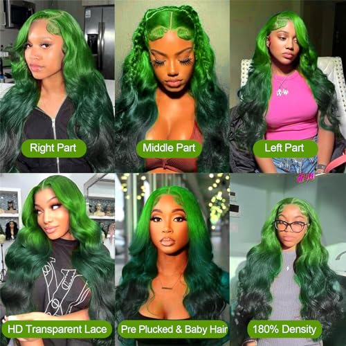 13x4 Ombre Green Lace Front Wig Human Hair Body Wave Glueless HD Lace Front Wigs 3 Tone Light Green to Dark Green Colored for Fashion Women 180% Density 22 Inch