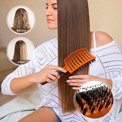 Round Ceramic Ion Thermal Barrel Brush Set with Boar Bristles - 4 Different Sizes for Blow Drying, Straightening, Adding Volume and Shine, Plus Curved Vented Brush