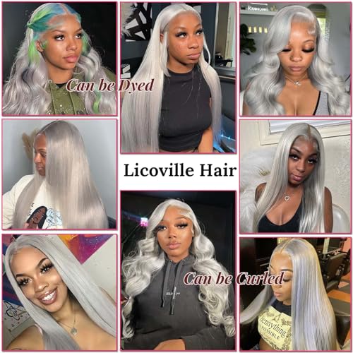 13x4 HD Lace Front Wigs Human Hair Silky Straight Glueless Gray Human Hair Wig 30 Inch Long Layered Grey Frontal Wigs Human Hair HD Lace Pre Plucked Silver Human Hair Wigs for Women 180% Density