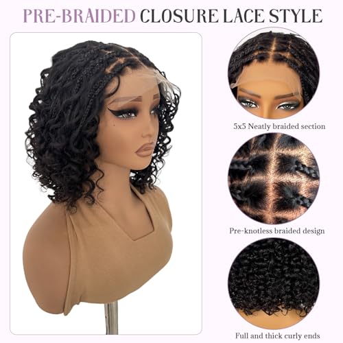 Smavida Deep Curly Bob Braid Human Hair Wigs Glueless 5x5 HD Lace Closure Boho Box Braids Wig Short Curly Knotless Braided Wigs for Women Pre Plucked With Baby Hair 12 Inch Nature Black 180% Density