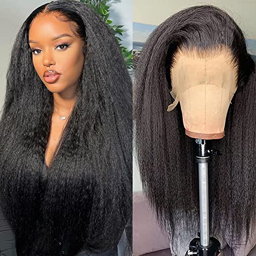 GOLFMAX 28 Inch 13x4 Lace Front Kinky Straight Wigs For Black Women Human Hair Glueless Lace Front Wigs Human Hair Pre Plucked Coarse Yaki Straight Natural Black Wig