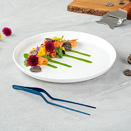 Restaurantware Perfect Point 7.9 Inch Food Tweezers 1 Offset Kitchen Tweezers - Serrated Tips For Precision For Garnishing Plating Or Decorating Blue Stainless Steel Offset Tweezers Durable