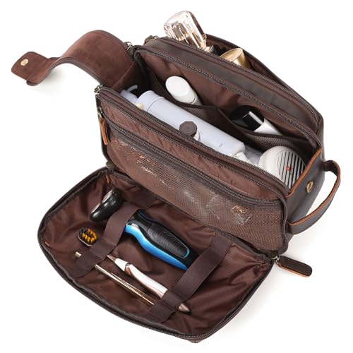 Polare Full Grain Leather Toiletry Bag for Men Large Travel Cosmetic Case Dopp Kit Shaving Kit Wash Pouch with YKK Zippers