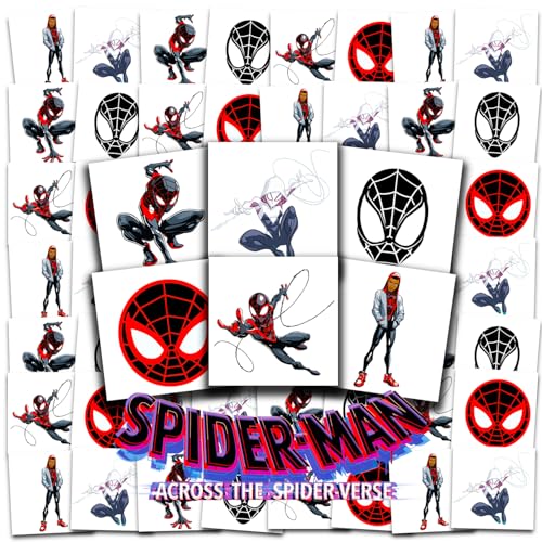 Spiderverse Tattoos Party Favors Bundle ~ 72 Perforated Individual 2" x 2" Spiderman Temporary Tattoos for Kids Boys Girls | Miles Morales Party Supplies
