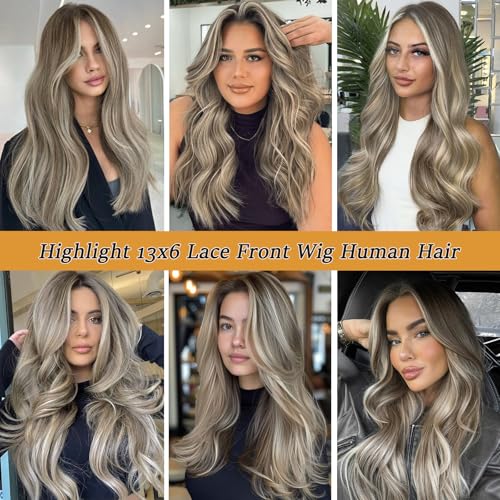 Straight Highlight Blonde 13X6 HD Lace Front Wigs Human Hair for Women 22 Inch Ombre Ash Brown Mixed 613 Bleach Blonde Deep Part Glueless Lace Frontal Wigs 180 Density Pre Plucked with Baby Hair