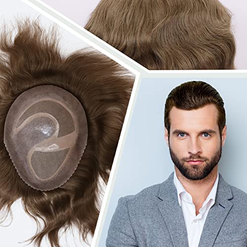 Men toupee Mono Lace with PU Toupee for Men 100£¥ European Human Hair Replacement System Mens Toupee Men's Hairpiece Wigs for men (#18 Dark Blonde Brown Color)