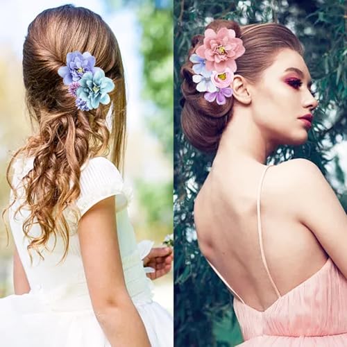 21 PCS Hair Flowers Boho Hair Barrettes Accessories Hawaiian Silk Flower Clips Girls Purple Blue Floral Bride Headpiece Festival(BLUE & PURPLE)