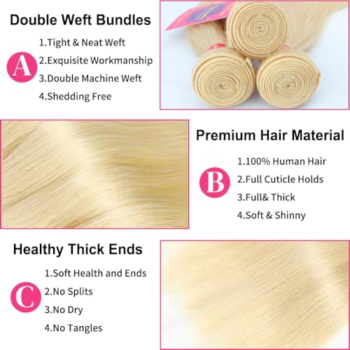 613 Bundles Human Hair 20 22 24 Inch Straight Blonde Bundles Human Hair 100% Unprocessed 12A Brazilian Virgin Hair 3 Bundles Straight 613 Quick Weave for Women