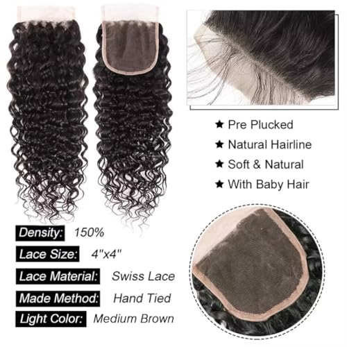 Brazilian Virgin Human Hair Water Wave Bundles with 4x4 Lace Closure (22 24 26+20, Free Part) Burmese Curly Human Hair Bundles with Closure Natural Color
