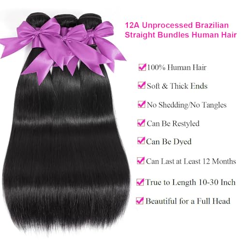 12A Human Hair Bundles 16 18 20 Inch Straight Human Hair 100% Unprocessed Brazilian Virgin Weave Hair 3 Bundles Deals