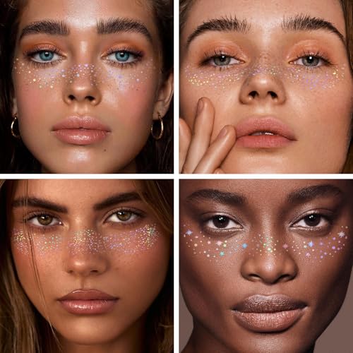 8PCS Glitter Freckles, Glitter Freckles Face Tattoo, Sparkle Freckles for Women and Kids, Cute Star Waterproof Gold Temporary Face Tattoos Glitter Glow Up Patches (8PCSA Holographic Multicolor)