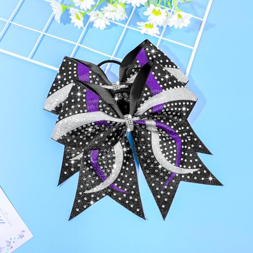 6PCS Full Glitter Rhinestone Cheer Bows Criss Cross Stiff Competition Large Cheerleading Hair Bows Elastic Band for Cheerleaders Girls -Black/Purple/Silver