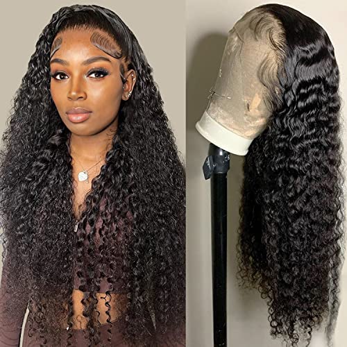 Deep Wave Lace Front Wigs Human Hair 13x4 HD Transparent Lace Frontal Curly Wigs for Women Human Hair 180% Density Glueless Wigs Human Hair Pre Plucked with Baby Hair Natural Color (30 Inch)