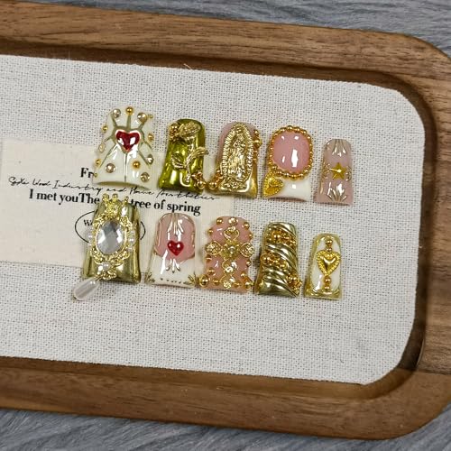 10Pcs Ballerina Press On Nails With Tools,Egyptian Palace Relief Glue on Nails with Gold Cross & Pearls,Handmade 3D Saint Charms Fake Nail Kits, Vintage Epic Acrylic Coffin Duckbill Nails(L)