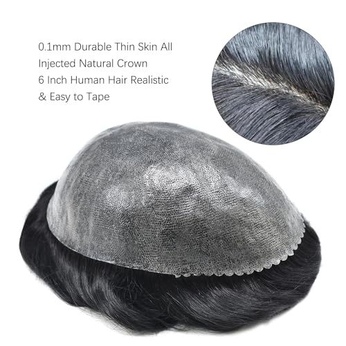 Mens Toupee Real Human Hair Replacement System Durable Thin Skin Toupee For Men Hair Piece Injection PU Hair Unit Brown Black Gray Wigs For Man 8x10, #1B Off Black 110% Light to Medium Density