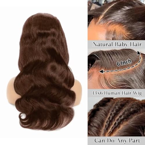13x6 Chocolate Brown 32 Inch Lace Front Wig Hd Transparent Body Wave Lace Front Wigs Human Hair 200% Density Brown Wig Human Hair 4# Colored Glueless Wigs for Women