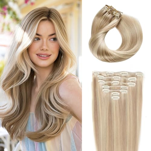 JESSBO Clip in Hair Extensions Real Human Hair 18 Inch 120g 7pcs Ash Blonde Highlighted Bleach Blonde Seamless Invisible Double Weft Natural Straight Hair Extensions for Woman (#P18/613)