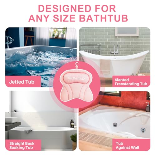 Bath Pillows for Tub, Bath Pillow Luxury Bathtub Pillow, Comfy Bath Tub Pillow for Bathtub for Head and Neck with Non-Slip Suction Cups for Tub, Relaxing Bath Accessories Spa Gifts-Pink