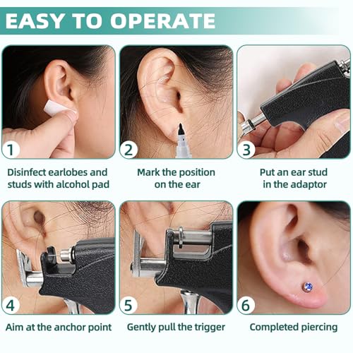 Professional Ear Piercing Gun Kit with 18 Pairs of CZ Stones Stud Earrings and Pro Black Ear Piercing Gun 8 Alcohol Pads for Salon and Home Use