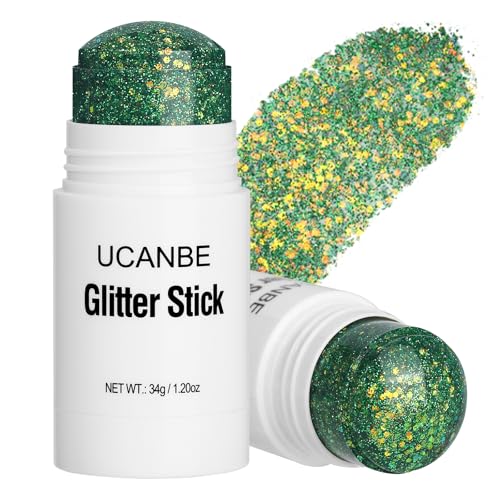 UCANBE Green Body Glitter Stick for Singer Concerts Music Festivals, Face Glitter Makeup for Face Body Hair Eyes & Lips, Chunky Glitter Sparkling Mermaid Sequins for Women 1.2OZ
