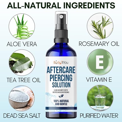 BodyJ4You Piercing Aftercare Spray - Saline Solution Natural Keloid Bump Removal - Ear Piercing Cleaner Nose Septum Belly Button Cartilage - Sea Salt Aloe Vera Rosemary - Fine Mist 2 Fl Oz