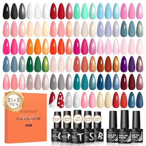 PEACECOLOR Gel Nail Polish Set 40PCs,Fall Gel Polish Kit 35 Colors White Nude Neutral Brown Pink Red with 5Pcs Glossy/Matte/Glitter Top Base Coat Soak Off Nail Art Gifts for Women
