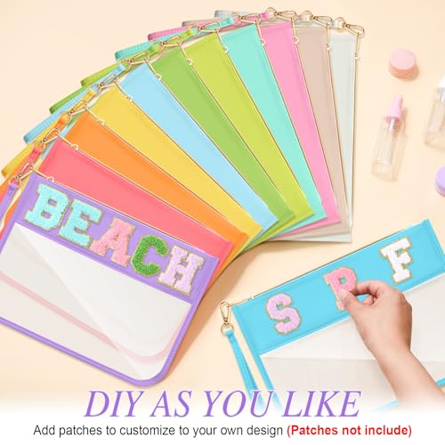 Sweetude 24 Pcs Clear Makeup Bags with Wristlet Bag DIY Chenille Letter Bag Bulk Waterproof Toiletry Bag Flat Preppy Nylon Clear Zipper Pouches Snack Organizer for Women
