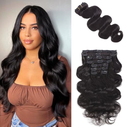 Body Wave Clip in Hair Extensions Real Human Hair, 8Pcs 120g Wavy Human Hair Clip in Extensions for Women 12A Brazilian Virgin Wavy Human Hair Extensions Clip ins Natural Black (#1B,16 Inch)