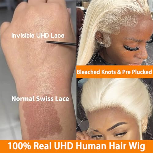 Platinum Champagne Blonde Wig Human Hair Pre Plucked Body Wave Silver Ash White 613 Blonde UHD Transparent T Part Lace front Wigs For Women Real Human Hair 20 Inch 180% Density