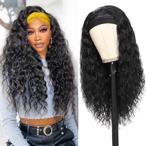 VITALITY Headband Wig Human Hair 24 Inch Italian Wavy Headband Wig 180% None Lace Front Wig With Drawstring Wigs Curly Machine Made Wigs Glueless Wigs for Black Women Natural Black