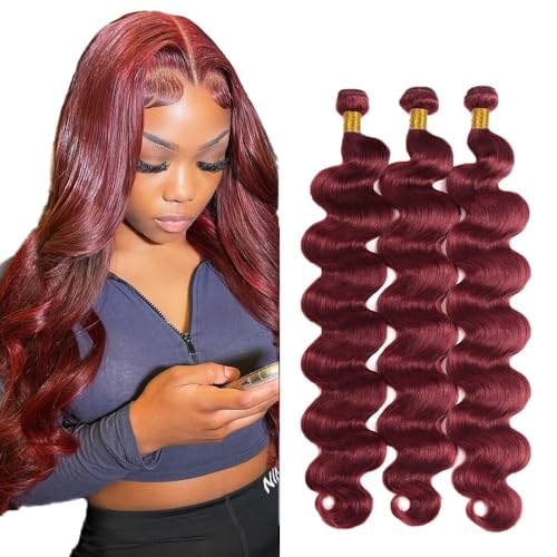 Human Hair Bundles18 20 22 Inch Body Wave 99J Color Human Hair Unprocessed Brazilian Virgin 3 Bundles Quick Weave Human Hair Extensions (99J Body Wave,18 20 22)