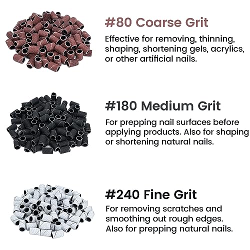 Delanie 300 Pcs #80#180#240 Sanding Bands for Electric Nail Drill Machines with Mandrel Bit, Professional Manicure Nail Salon Supplies, Fine Medium Coarse Grit