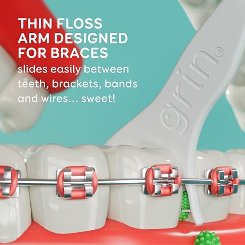 GRIN Braces Flosser, Floss Picks Designed for Braces, 60 Count, Dental Flossers, Recycled Plastic, Ortho Approved, Premium Thin Floss, Includes Handy Wax Scraper and Pick