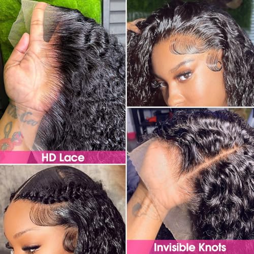 Pizazz 13x4 HD Transparent Lace Front Wigs Human Hair with Baby Hair Bleached Knots Black Color 180 Density Brazilian Deep Wave Human Hair Wigs for Black Women(24 Inch, Black color)