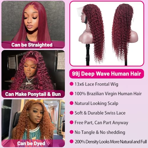 99J Burgundy Lace Front Wigs Human hair Deep Wave 13x6 HD Lace Frontal Wigs Human Hair Pre Plucked 200 Density Wine Red Colored 99J Curly human Wig with Baby Hair 26 inch Glueless Wig