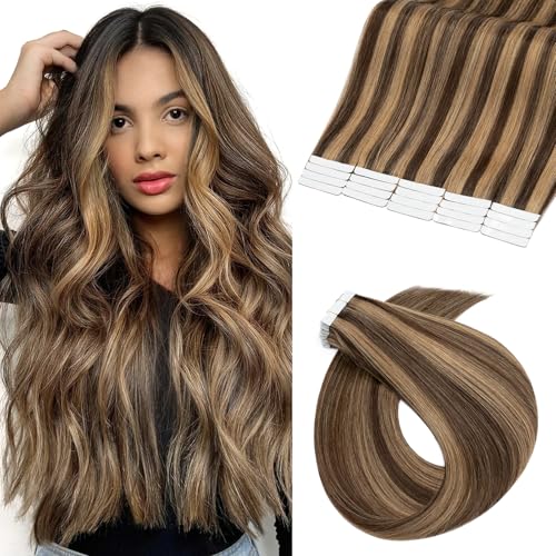 Benehair Remy Tape in Hair Extensions Human Hair Medium Brown&Dark Blonde Seamless Skin Weft Tape in Real Human Hair Extensions Straight Hair 24 Inch 100g #4P27 40pcs