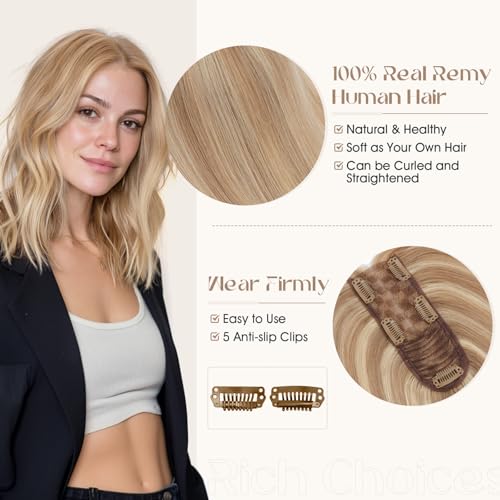 Rich Choices Hair Toppers for Women Real Human Hair 100% Human Remy Toppers for Women with Thinning Clip in NO Bangs Lace Base 150% Density 14 Inch #12P613 Golden Brown Highlight Bleach Blonde