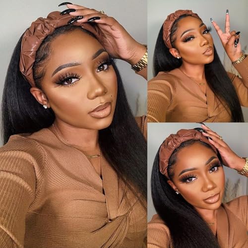 TNICE Kinky Straight Headband Wig Human Hair 18 Inch Headband Wigs for Black Women Glueless None Lace Front Yaki Straight Human Hair Headband Wig Brazilian Virgin Hair Wigs Natural Black 180% Density