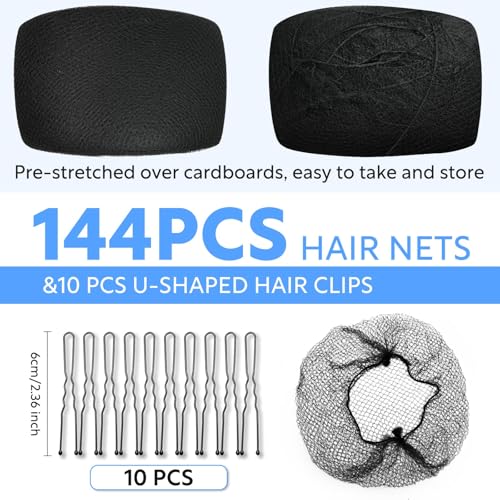 154Pcs Hair Net Black Set - 24 inches Invisible Elasticity Elastic Mesh Nylon Hair Net 144 Pcs - Kitchen Food Service Worker, Ballet Bun,with 10pcs U Shaped Hair Pins 2.4inch
