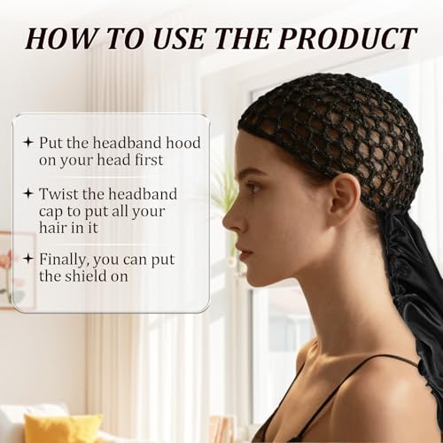 2 In1 Wrap Cap Bonnet Reversible Adjustable Tie Band, Silk Bonnet Hair Wrap Cap for Silk Press, New Satinbonnet for Sleeping, Double Layered Nettie Band for Curly Natural and Braided Hair (Black)