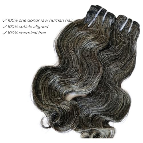 Clytie Raw Body Wave Salt and Pepper Gray Human Hair Bundles Unprocessed 18IN Grey Human Hair 1 Single Bundle, 5+ Years Long Lifespan 50% Grey Mixed 50% Black Color Virgin Hair Weave Weft