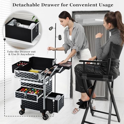 Joligrace Large Rolling Makeup Train Case with Foot-Brake Wheels, Removable Shoulder-Strap Makeup Carrying Case, Adjustable Compartments, Built-in Nail Polish Drawer, and Detachable Drawer
