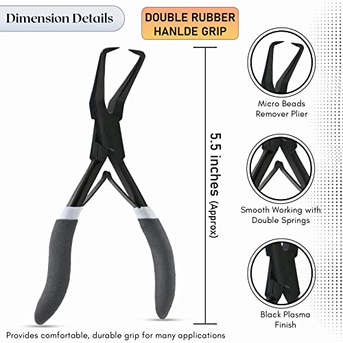 Hair Extension Tools Kit Includes Micro Beads Remover & Crimping Pliers set, Stainless Steel Micro Rings Pulling Hook & Loop Tool Packed in Soft Case (Black with Rubber Grip)