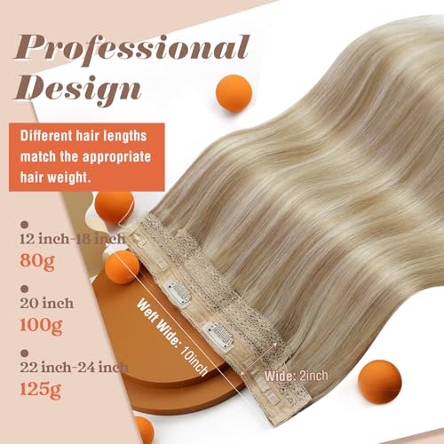 Sunny Hair Wire Hair Extensions Real Human Hair Fish Line Human Hair Extensions Invisible Wire Extensions Golden Blonde with Medium Blonde Highlights #16/22 18 Inch