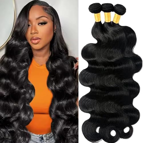 26 28 30 Inch Human Hair Bundles Body Wave Bundles Human Hair 12A Grade 100% Unprocessed Brazilian Virgin Hair Quick Weave Extensions Natural Black(26 28 30 Body Wave)