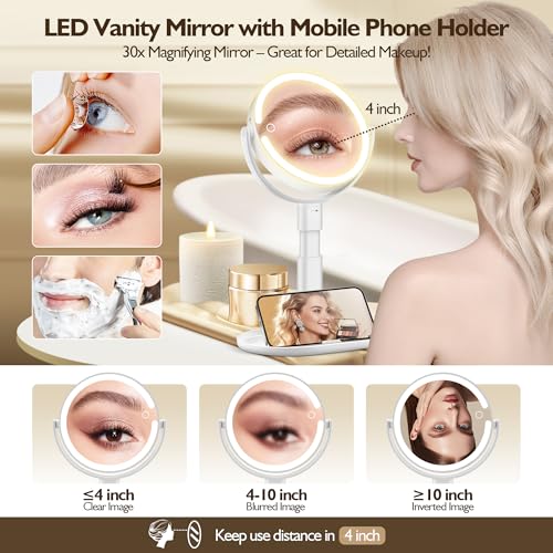 Makeup Mirror with Lights, 30X Magnifying & Height Adjustable, Lighted Magnifying Mirror with 3 Light Modes and Stepless Dimming, Vanity Mirrors for Bathroom, Birthday Gift for Women, White