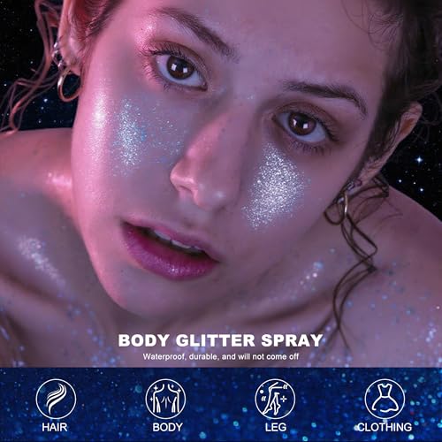Body Glitter Spray, Glitter Spray for Hair Clothes and Body, Holographic Silver Glitter Hairspray for Grils ? Festival, Rave, Prom, Stage, Nightclub, Cosplay Party Makeup 60ML