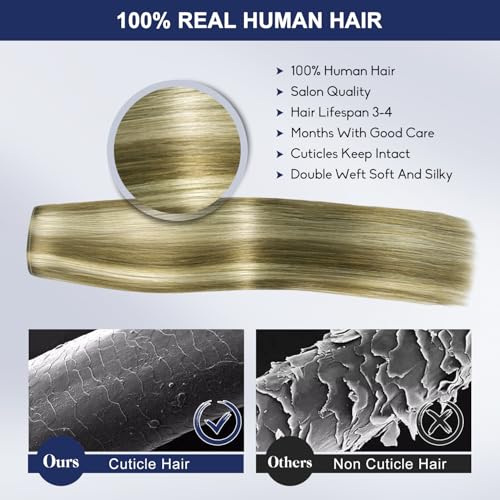 Blonde Clip in Hair Extensions, 26 Inch 130g, 8p613 Mixed Bleach Blonde, Invisible Seamless Straight Remy Blonde Hair Extensions Clip in 8pcs Per Set with Double Weft