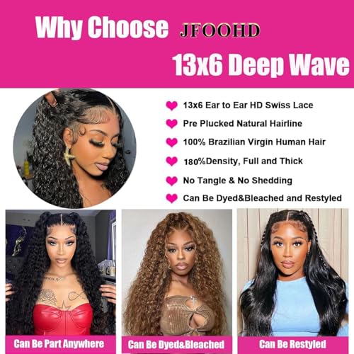 13x6 Deep Wave Wigs Human Hair Deep Wave Lace Front Wigs Human Hair 200% Density HD Lace Frontal Wigs for Balck Women Pre Plucked Glueless Deep Curly Wig Natural Black (26 Inch)