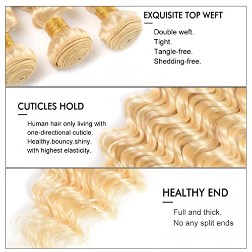 Blonde Bundles Human Hair 613 Deep Wave Bundle 12 14 16 inch 8A Peruvian Virgin Mixed Length 3 Bundles 613 Blonde Wet and Wavy Bundle